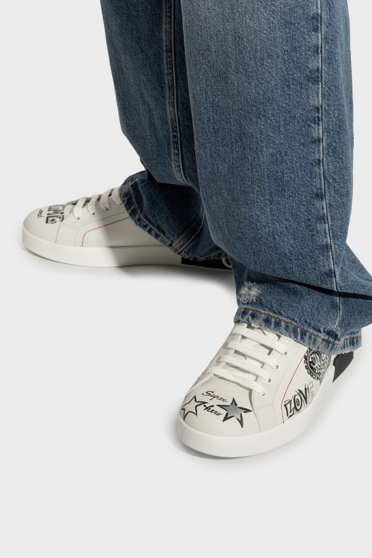 Dolce Gabbana Logolu Hakiki Deri Sneaker Erkek Ayakkabı CS1760 A9AG1 89697 BEYAZ-SİYAH - Dolce Gabbana (1)