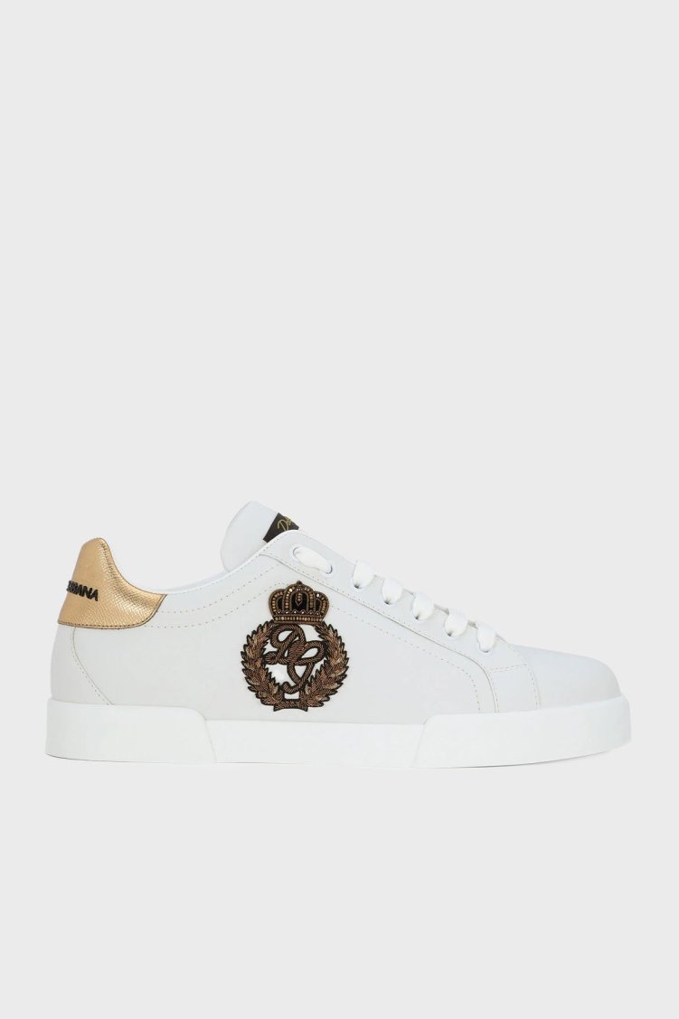 Dolce & Gabbana Taç Logolu Deri Sneaker Erkek Ayakkabı CS2330 AH136 8I047 BEYAZ-GOLD - Dolce Gabbana