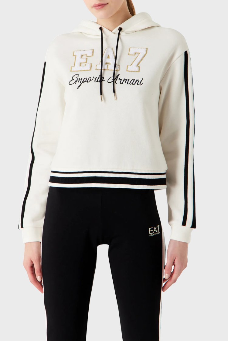 EA7 Kısa Kesimli Kapüşonlu Pamuklu Regular Fit Kadın Sweat 6RTM34 TJPZZ 1130 BEYAZ - EA7