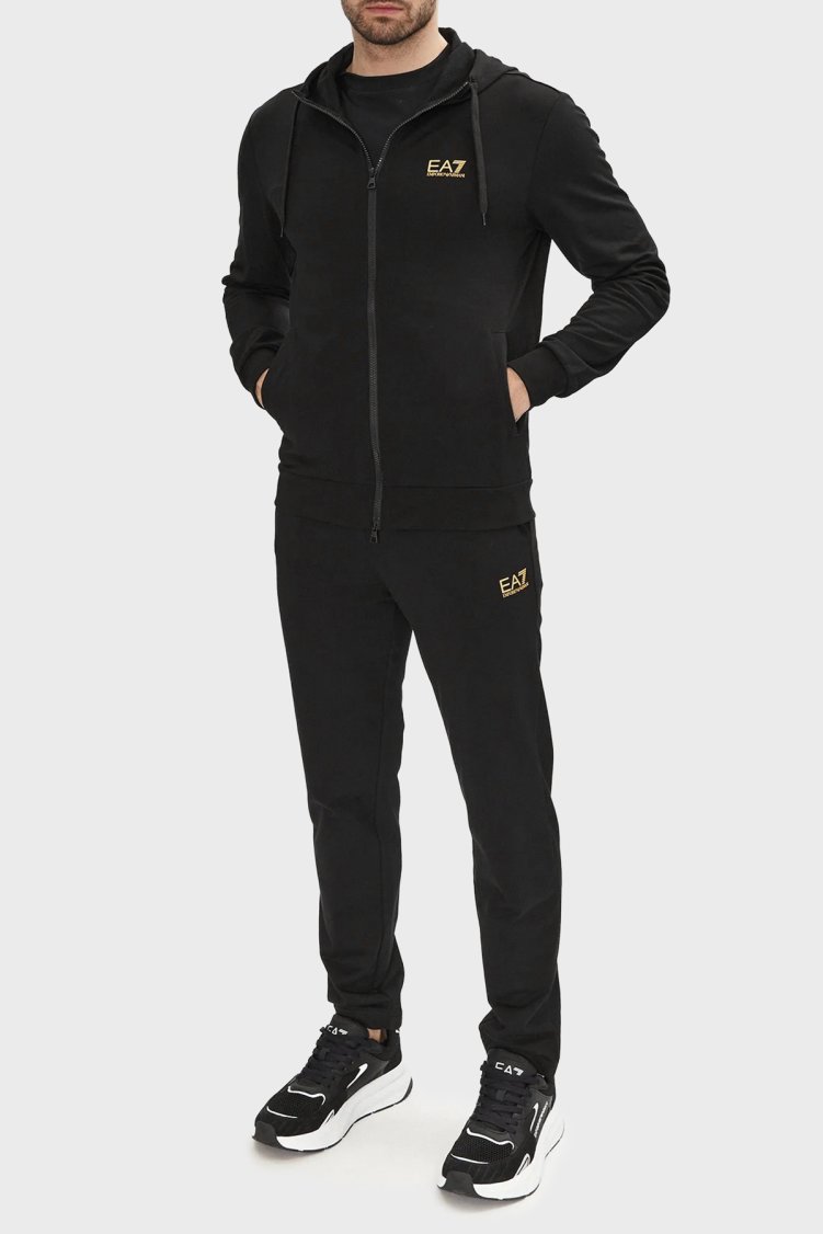 EA7 Logolu Regular Fit Fermuarlı Kapüşonlu Erkek Eşofman Takımı 8NPV62 PJVRZ 0208 Siyah - Ea7