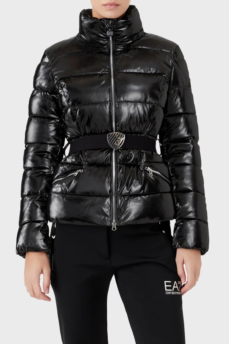 EA7 Logolu Regular Fit Kemerli Parlak Görünümlü Dik Yaka Kadın Mont 6LTB12 TNAUZ 1200 SİYAH - EA7