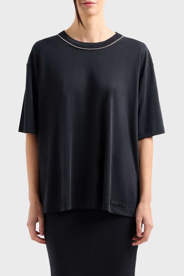 EA7 Oversize Fit Bisiklet Yaka Taş Detaylı Kadın T Shirt 7W000340 AF12956 UC001 SİYAH - EA7