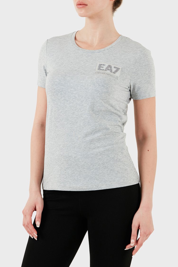 EA7 Taşlı Logolu Streç Pamuklu Regular Fit Yuvarlak Yaka Kadın T Shirt 7W000492 AF10373 O8002 AÇIK GRİ - Ea7