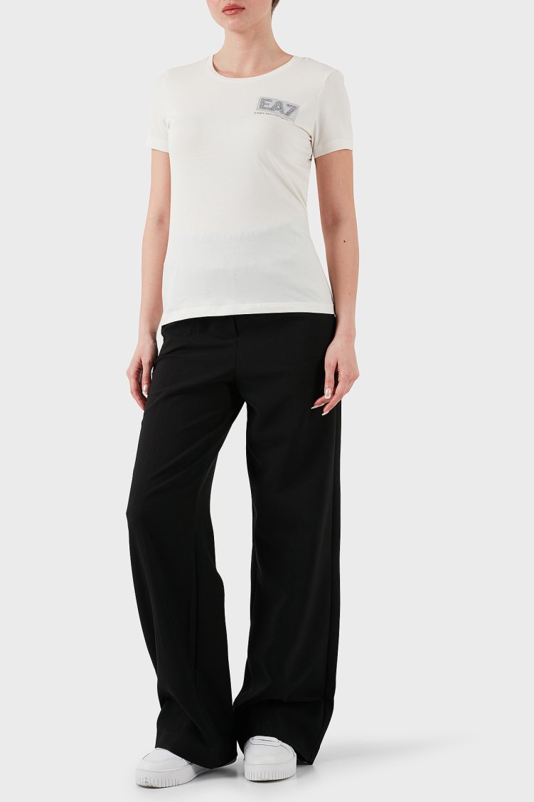 EA7 Taşlı Logolu Streç Pamuklu Regular Fit Yuvarlak Yaka Kadın T Shirt 7W000492 AF10373 U0005 EKRU - Ea7 (1)