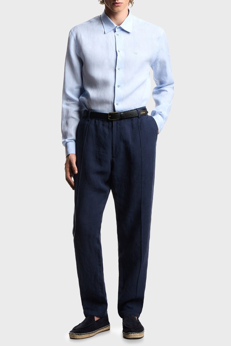 Emporio Armani % 100 Keten Regular Fit Klasik Yaka Uzun Kollu Erkek Gömlek EM000099 TE10157 O9002 MAVİ - Emporio Armani (1)