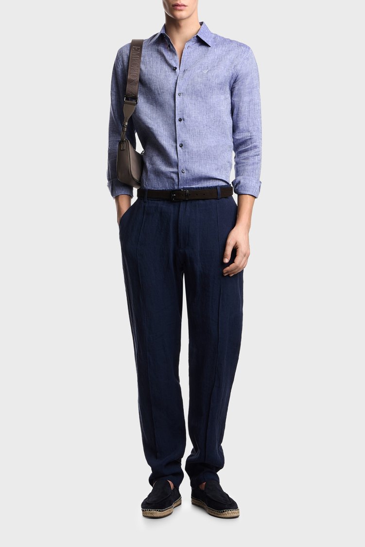 Emporio Armani % 100 Keten Regular Fit Klasik Yaka Uzun Kollu Erkek Gömlek EM000099 TE10157 OB003 MAVİ - Emporio Armani (1)