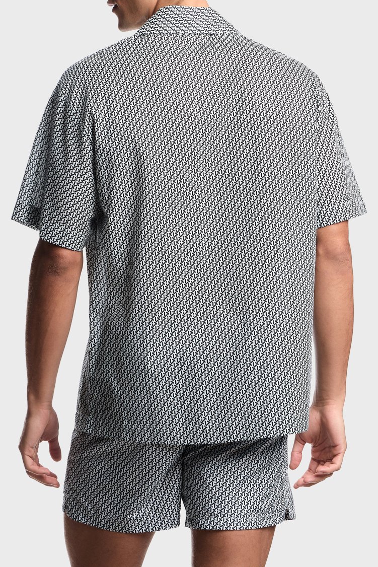 Emporio Armani % 100 Pamuk Desenli Relaxed Fit Kısa Kollu Erkek Gömlek EM000593 AF20439 F0026 BEYAZ SİYAH - Emporio Armani (1)