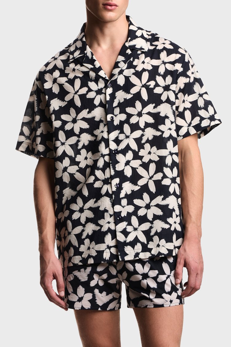 Emporio Armani % 100 Pamuk Desenli Relaxed Fit Kısa Kollu Erkek Gömlek EM000593 AF20443 FB074 BEYAZ LACİVERT - Emporio Armani