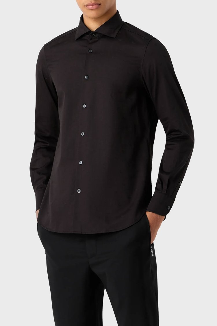Emporio Armani % 100 Pamuk Jakar Desenli Regular Fit Erkek Gömlek 6R1C86 1NVYZ F087 SİYAH - Emporio Armani