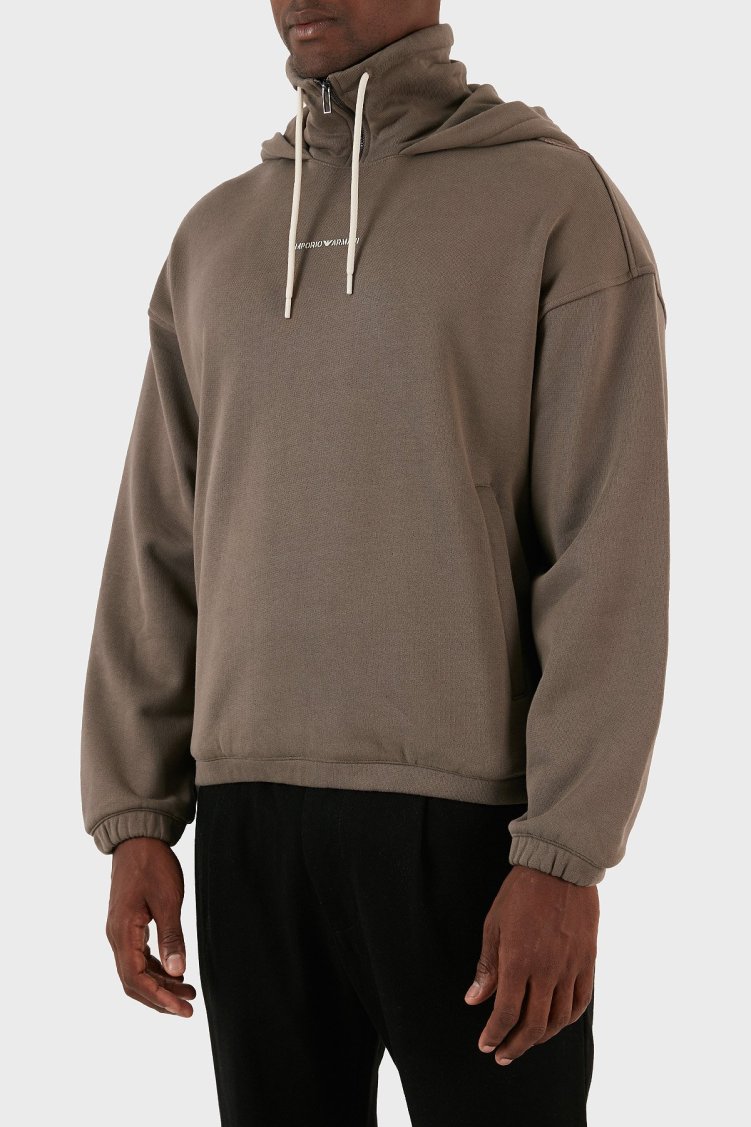 Emporio Armani % 100 Pamuk Kapüşonlu Yarım Fermuarlı Oversize Fit Erkek Sweat 6R1ME6 1JWPZ 0440 KAHVE - Emporio Armani (1)