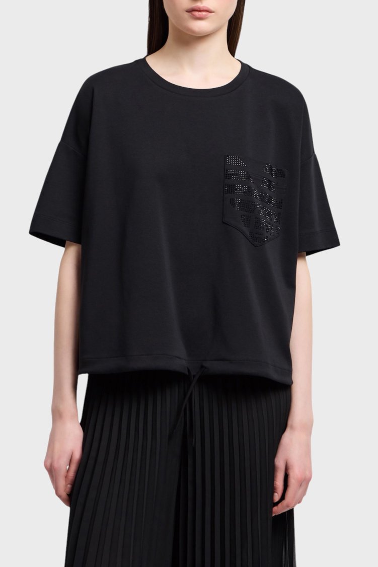 Emporio Armani % 100 Pamuk Oversize Fit Bisiklet Yaka Tek Cepli Kadın T Shirt EW000891 AF12545 UC001 SİYAH - Emporio Armani