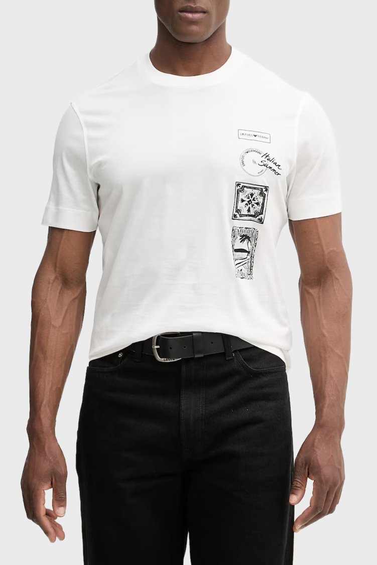 Emporio Armani % 100 Pamuk Regular Fit Bisiklet Yaka Baskılı Erkek T Shirt EM004994 AF24470 U0003 BEYAZ - Emporio Armani