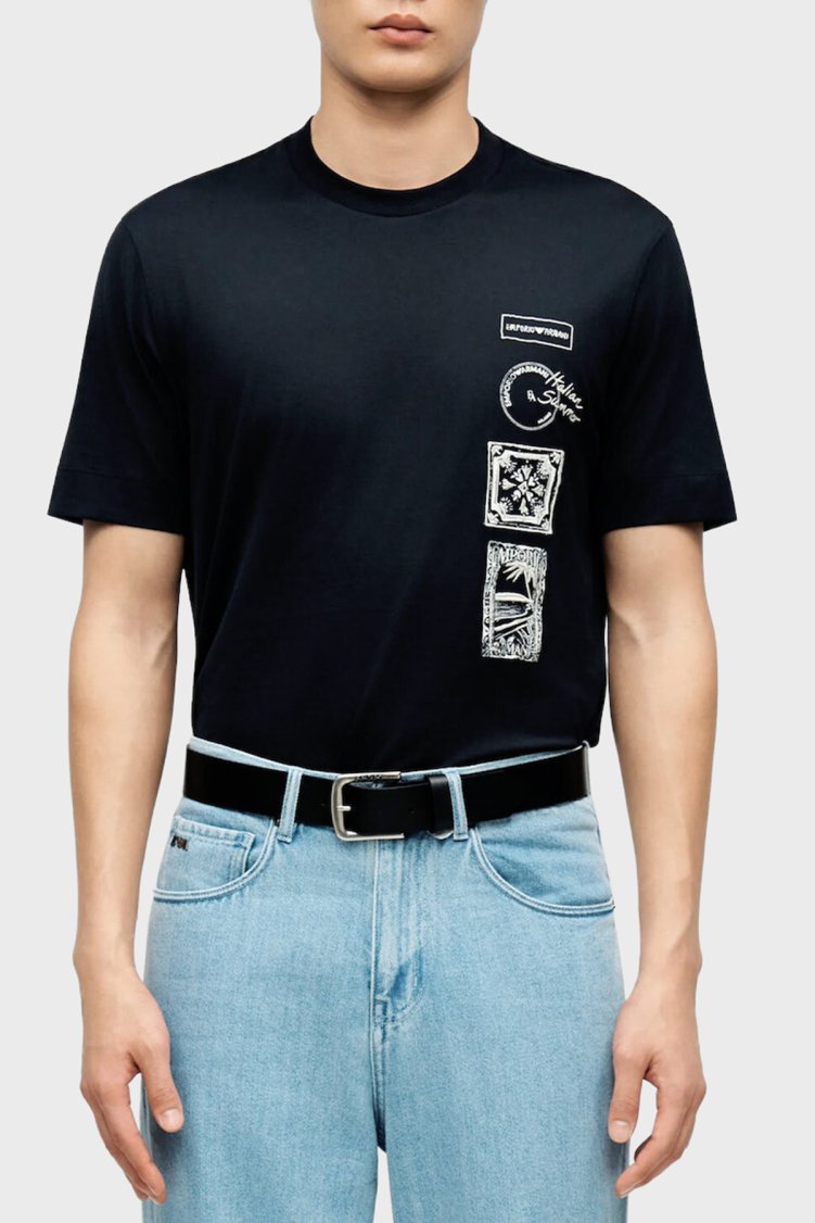 Emporio Armani % 100 Pamuk Regular Fit Bisiklet Yaka Baskılı Erkek T Shirt EM004994 AF24470 UB118 LACİVERT - Emporio Armani