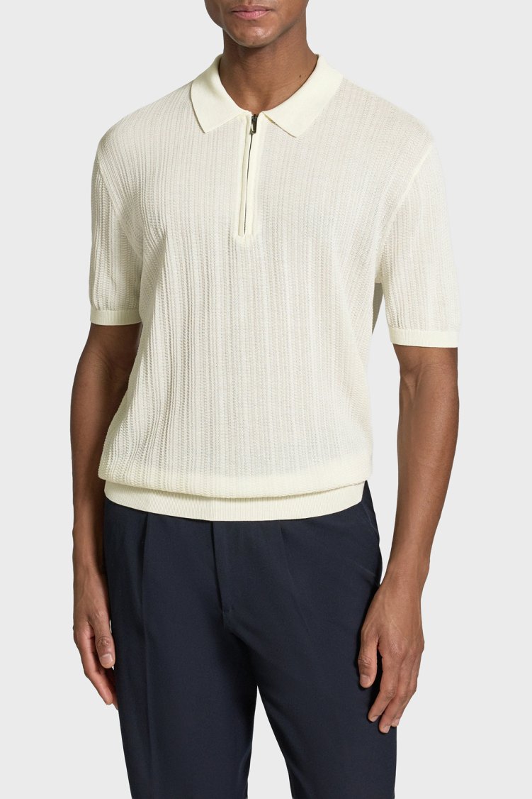Emporio Armani % 100 Pamuk Relaxed Fit Fermuarlı Erkek Polo Yaka Kazak EM004305 AF23761 U1107 EKRU - Emporio Armani