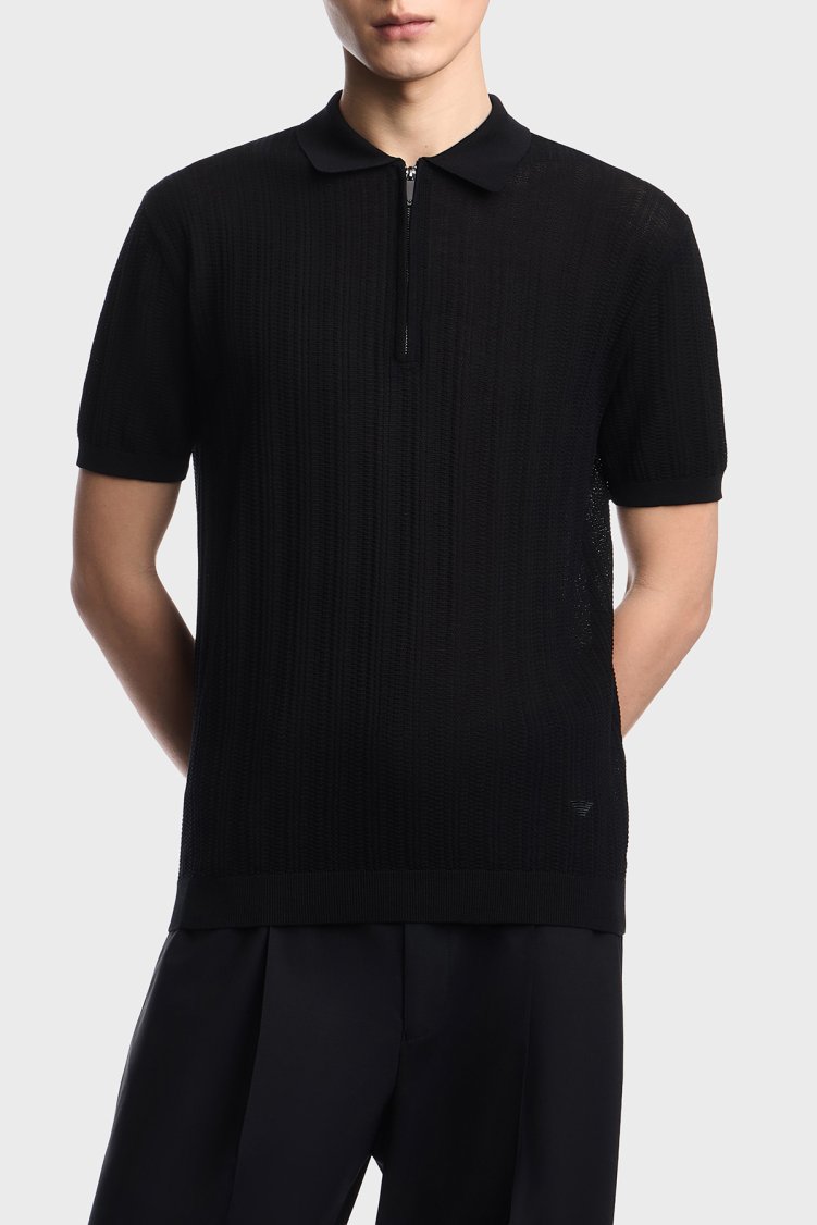 Emporio Armani % 100 Pamuk Relaxed Fit Fermuarlı Erkek Polo Yaka Kazak EM004305 AF23761 UC001 SİYAH - Emporio Armani