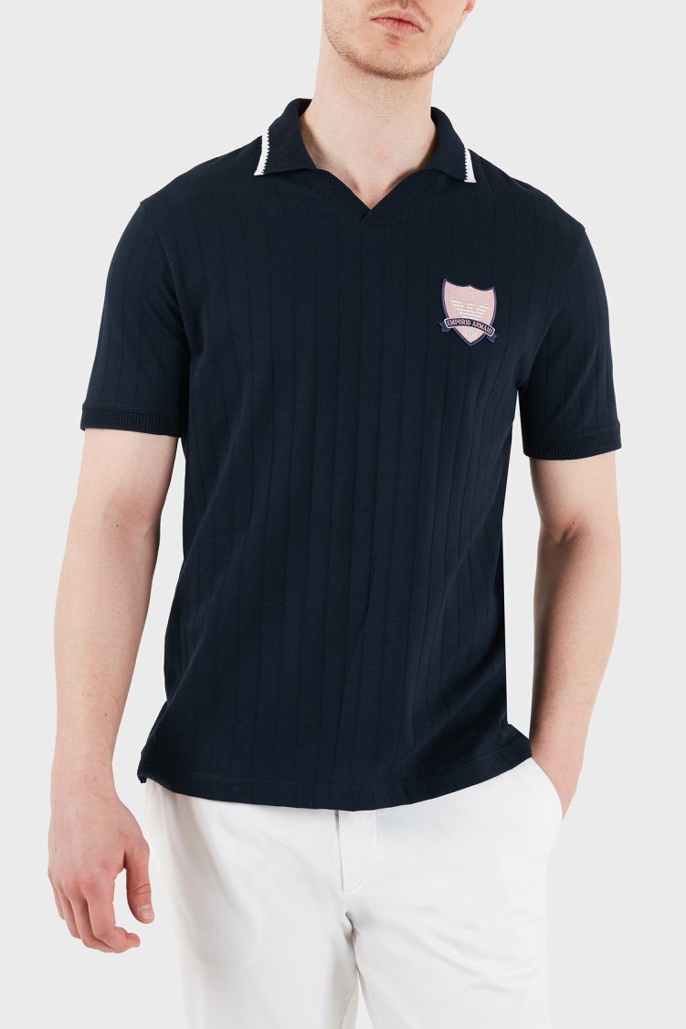 Emporio Armani % 100 Pamuk Şeritli Örgü Erkek Polo EM004780 AF23047 FB392 LACİVERT - Emporio Armani