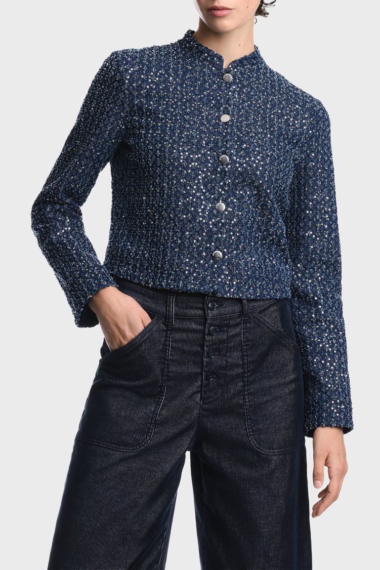 Emporio Armani %100 Pamuk Yuvarlak Yaka Düğmeli Kadın Ceket EW004807 AF26175 MB001 Lacivert - Emporio Armani
