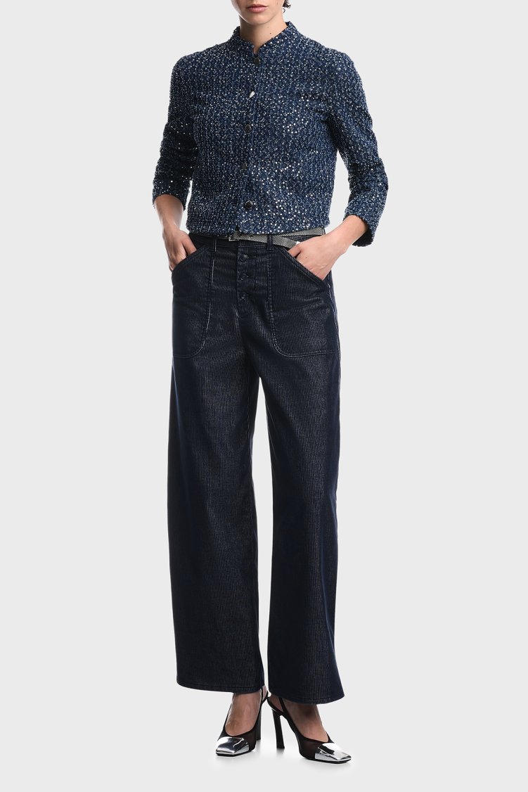 Emporio Armani %100 Pamuk Yuvarlak Yaka Düğmeli Kadın Ceket EW004807 AF26175 MB001 Lacivert - Emporio Armani (1)