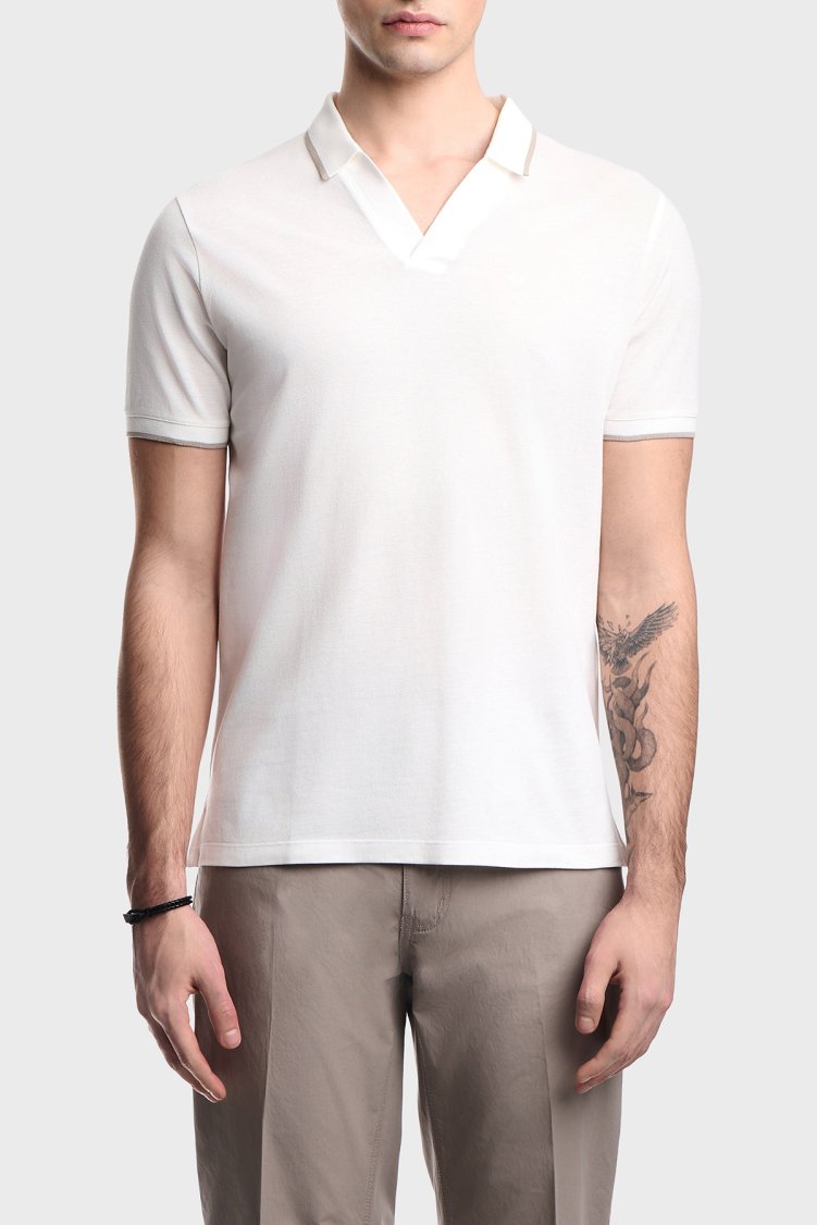 Emporio Armani % 100 Pamuklu Regular Fit V Yaka Erkek Polo EM005852 AF12955 U0003 BEYAZ - Emporio Armani