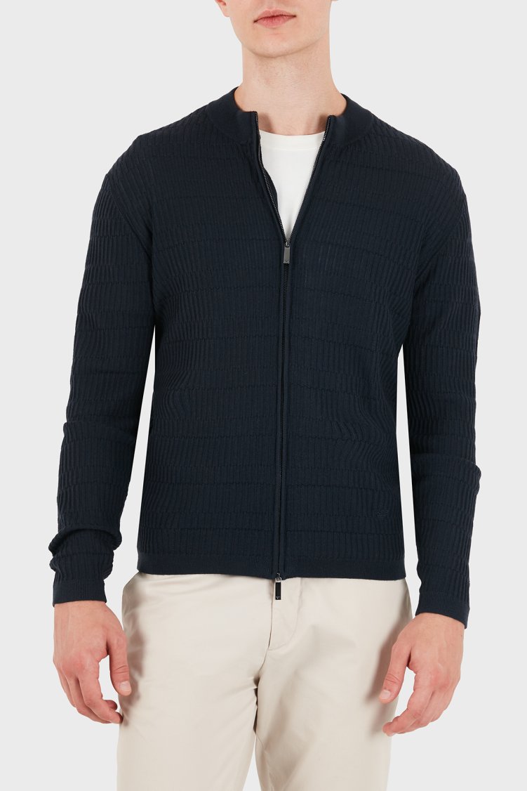 Emporio Armani % 100 Yün Bisiklet Yaka Fermuarlı Erkek Hırka EM006315 AF27831 FB065 Lacivert - Emporio Armani
