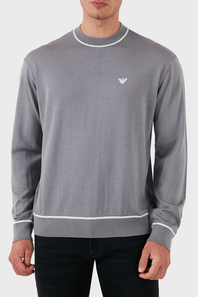 Emporio Armani % 100 Yün Regular Fit Bisiklet Yaka Erkek Kazak 6D1MXH 1MJLZ F625 GRİ - Emporio Armani