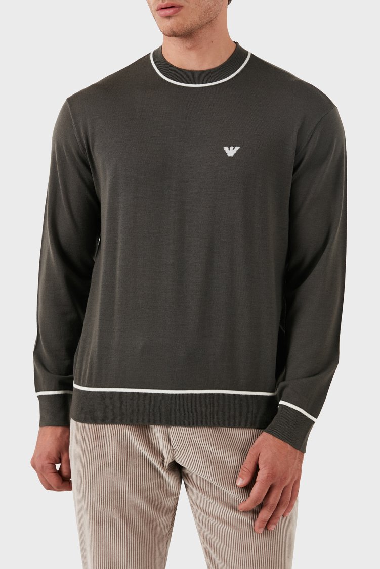 Emporio Armani % 100 Yün Regular Fit Bisiklet Yaka Erkek Kazak 6D1MXH 1MJLZ F626 HAKİ - Emporio Armani