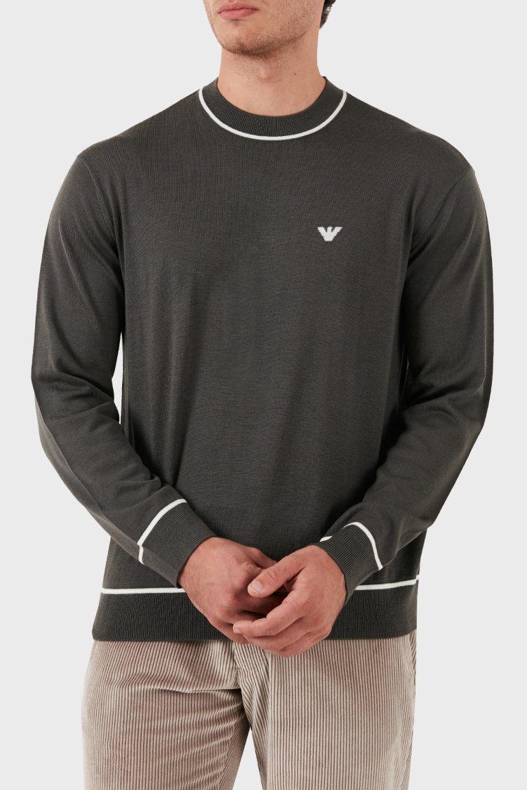 Emporio Armani % 100 Yün Regular Fit Bisiklet Yaka Erkek Kazak 6D1MXH 1MJLZ F626 HAKİ - Emporio Armani (1)
