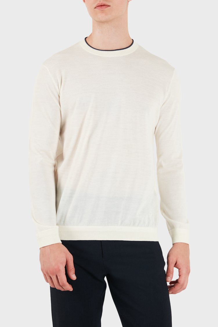 Emporio Armani % 100 Yün Regular Fit Bisiklet Yaka Erkek Kazak EM006225 AF27805 U0003 Beyaz - Emporio Armani
