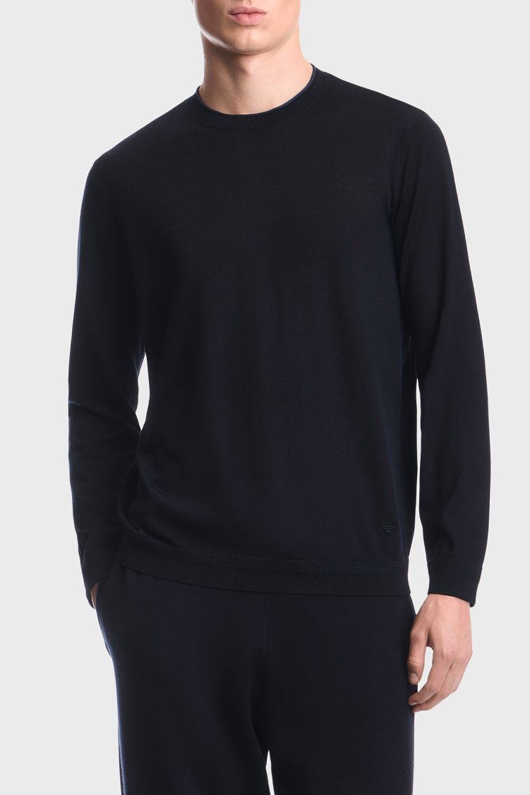 Emporio Armani % 100 Yün Regular Fit Bisiklet Yaka Erkek Kazak EM006225 AF27805 UB118 Lacivert - Emporio Armani