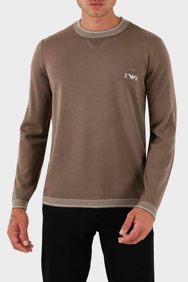 Emporio Armani % 100 Yün Regular Fit Bisiklet Yaka Logolu Erkek Kazak EM003387 AF14697 U6189 BEJ - Emporio Armani