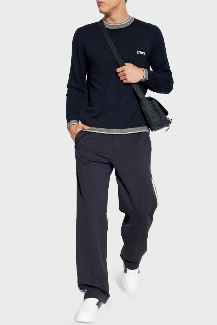 Emporio Armani % 100 Yün Regular Fit Bisiklet Yaka Logolu Erkek Kazak EM003387 AF14697 UB118 LACİVERT - Emporio Armani (1)