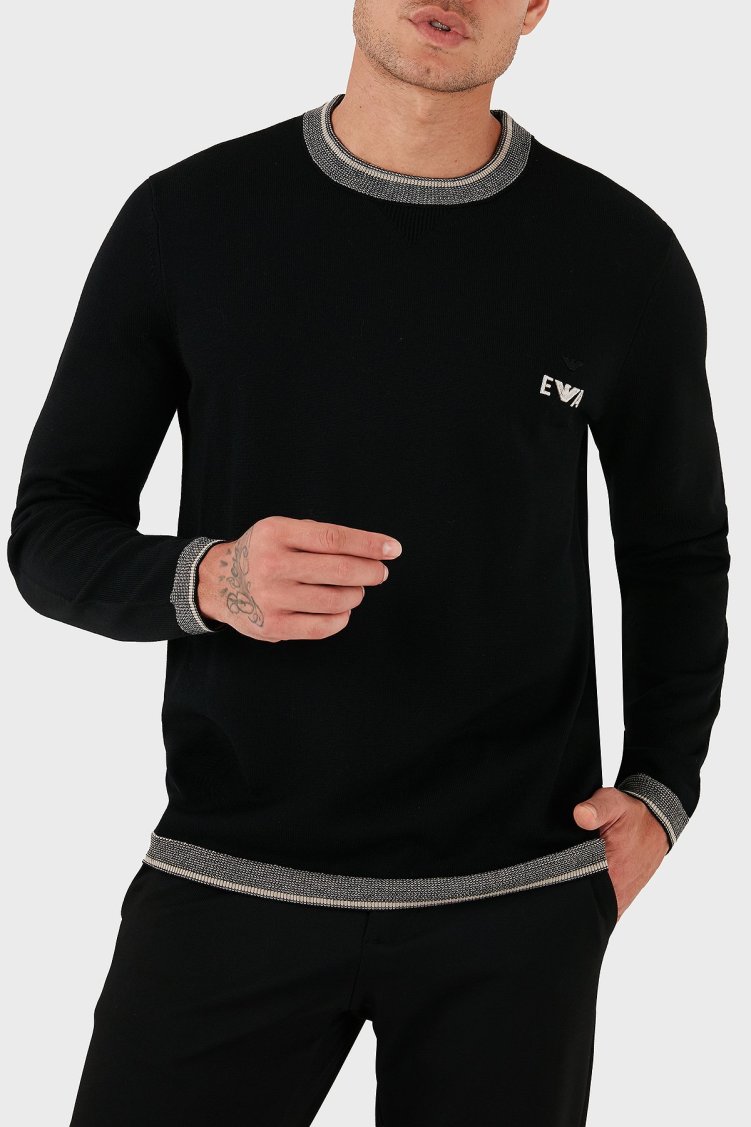 Emporio Armani % 100 Yün Regular Fit Bisiklet Yaka Logolu Erkek Kazak EM003387 AF14697 UC001 SİYAH - Emporio Armani