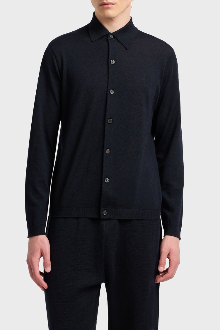 Emporio Armani % 100 Yün Regular Fit Gömlek Yaka Erkek Hırka EM001959 AF14114 UB118 LACİVERT - Emporio Armani