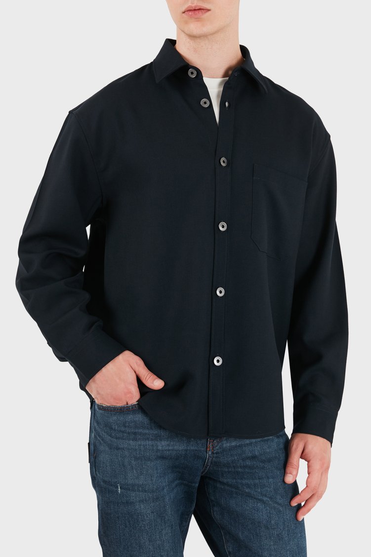 Emporio Armani % 100 Yün Regular Fit Klasik Yaka Erkek Gömlek EM006535 AF27877 UB118 Lacivert - Emporio Armani