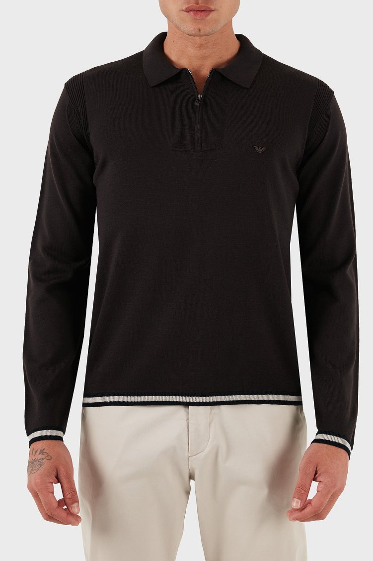 Emporio Armani % 100 Yün Regular Fit Yarım Fermuarlı Polo Yaka Erkek Kazak EM001512 AF14158 U6280 KOYU KAHVE - Emporio Armani