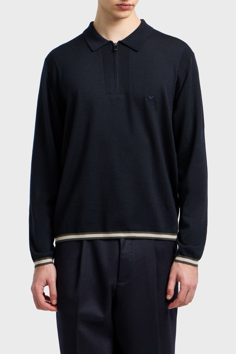 Emporio Armani % 100 Yün Regular Fit Yarım Fermuarlı Polo Yaka Erkek Kazak EM001512 AF14158 UB118 LACİVERT - Emporio Armani