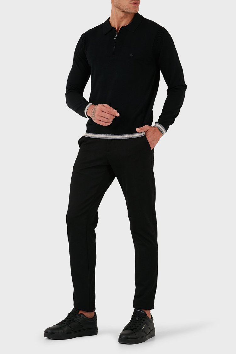 Emporio Armani % 100 Yün Regular Fit Yarım Fermuarlı Polo Yaka Erkek Kazak EM001512 AF14158 UC001 SİYAH - Emporio Armani (1)