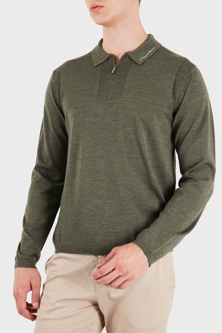Emporio Armani % 100 Yün Slim Fit Yarım Fermuarlı Erkek Polo Yaka Kazak EM006293 AF29815 O7002 Yeşil melanj - Emporio Armani