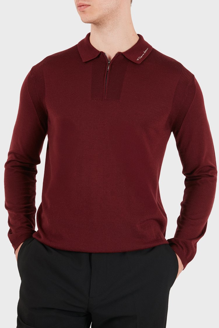Emporio Armani % 100 Yün Slim Fit Yarım Fermuarlı Erkek Polo Yaka Kazak EM006293 AF29815 U5086 Bordo - Emporio Armani
