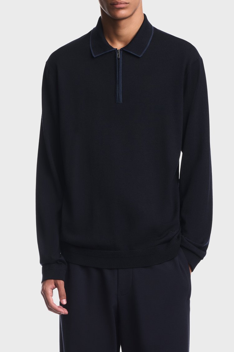 Emporio Armani % 100 Yün Yarım Fermuarlı Erkek Polo EM006224 AF27805 UB118 Lacivert - Emporio Armani