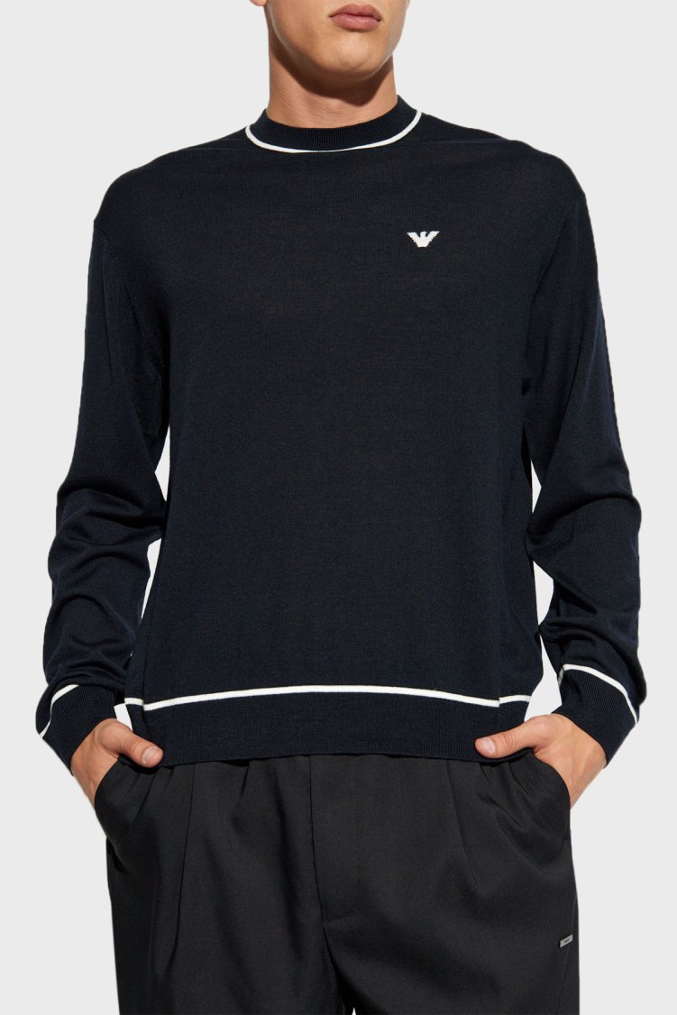 Emporio Armani % 100 Yünlü Bisiklet Yaka Erkek Kazak 6D1MXH 1MJLZ F930 KOYU LACİVERT - Emporio Armani
