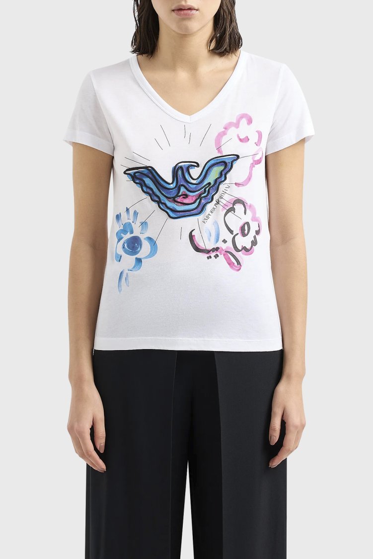 Emporio Armani Baskılı Pamuklu Regular Fit V Yaka Kadın T Shirt 3D2T8F 2JTAZ 0100 BEYAZ - Emporio Armani