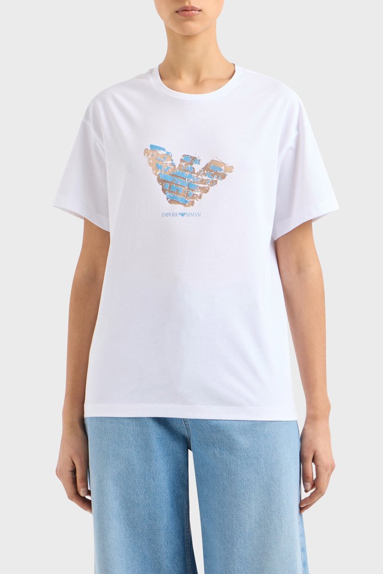 Emporio Armani Baskılı Regular Fit Pamuklu Bisiklet Yaka Kadın T Shirt EW000904 AF12601 F0024 BEYAZ - Emporio Armani