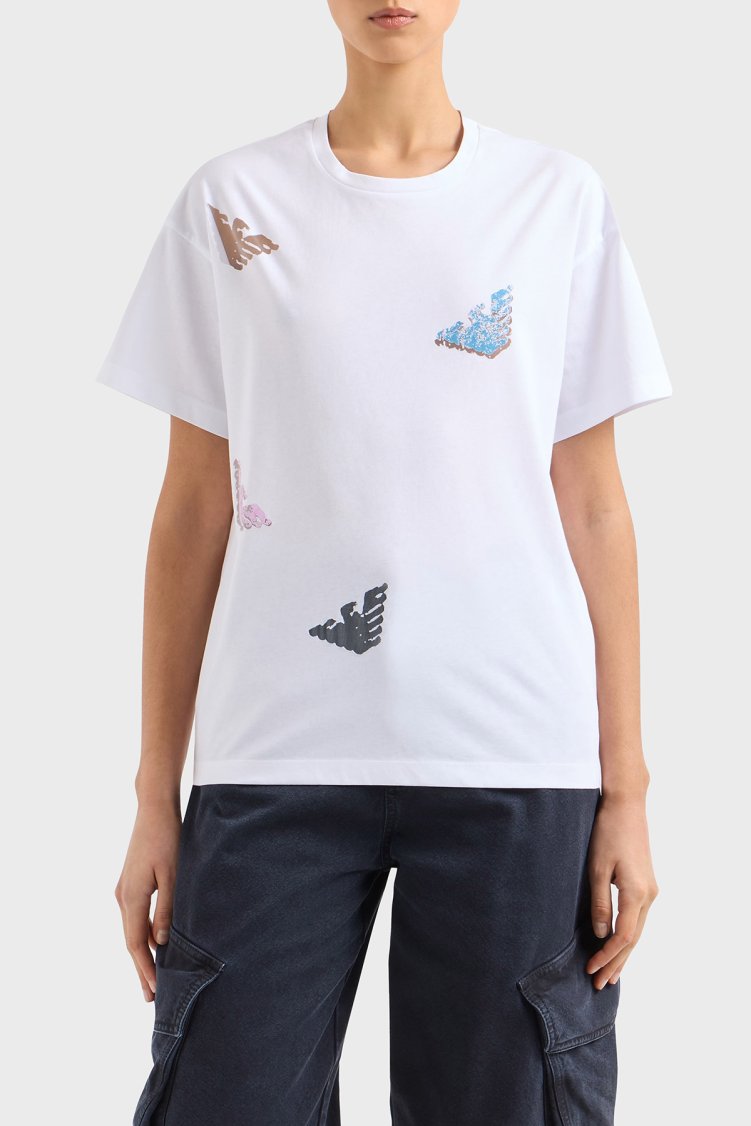 Emporio Armani Baskılı Regular Fit Pamuklu Bisiklet Yaka Kadın T Shirt EW000904 AF12601 F0026 BEYAZ - Emporio Armani
