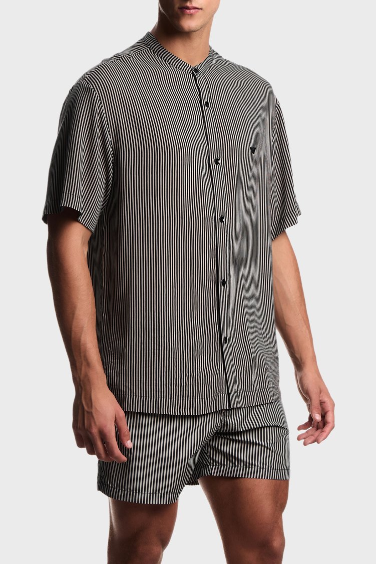 Emporio Armani Çizgili Regular Fit Kısa Kollu Erkek Gömlek EM005144 AF20445 F1039 SİYAH-BEJ - Emporio Armani