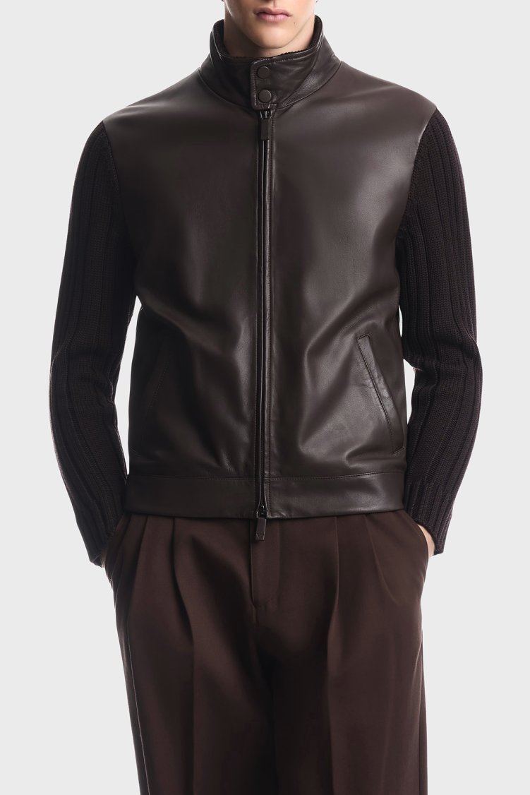 Emporio Armani Deri Dik Yaka Fermuarlı Erkek Ceket EM007276 AF29262 U6029 Koyu kahve - Emporio Armani