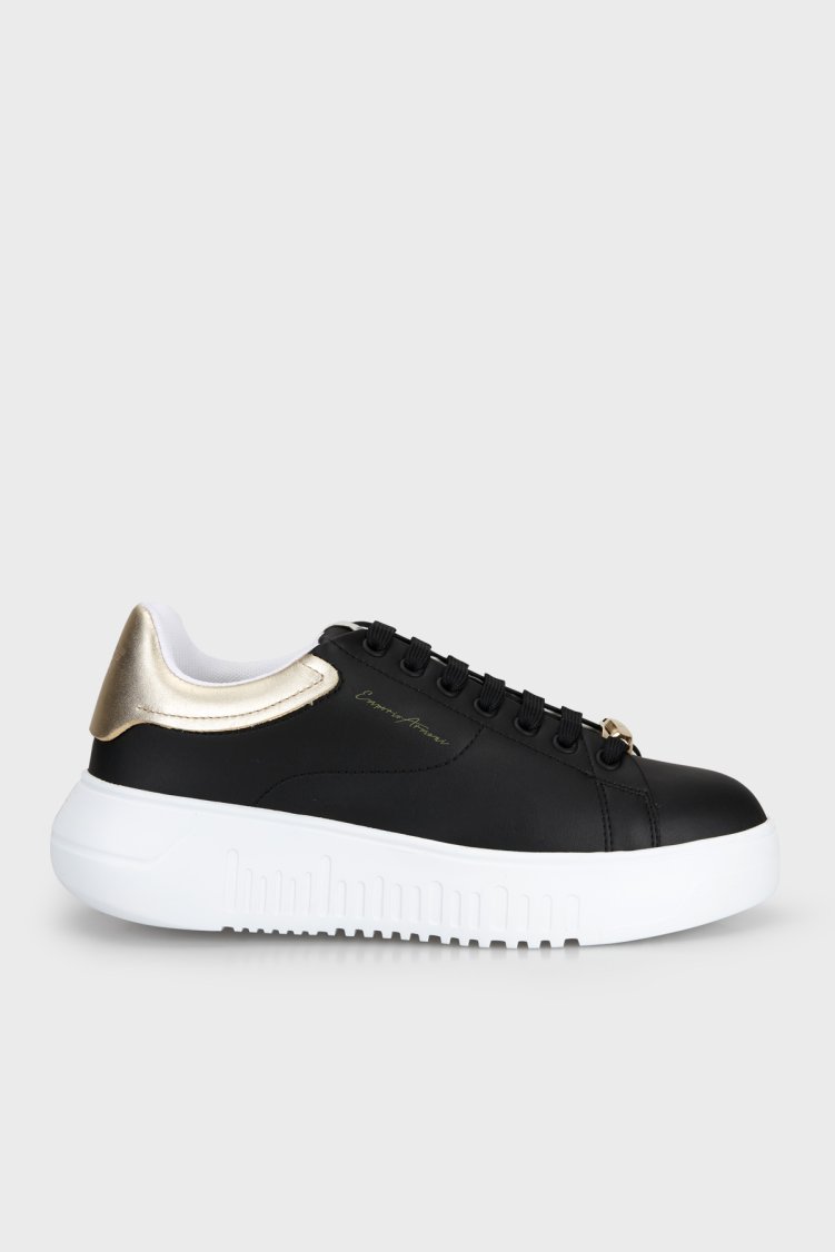Emporio Armani Deri Logolu Bağcıklı Sneaker Kadın Ayakkabı EW004804 AF30219 MC726 Siyah-gold - Emporio Armani