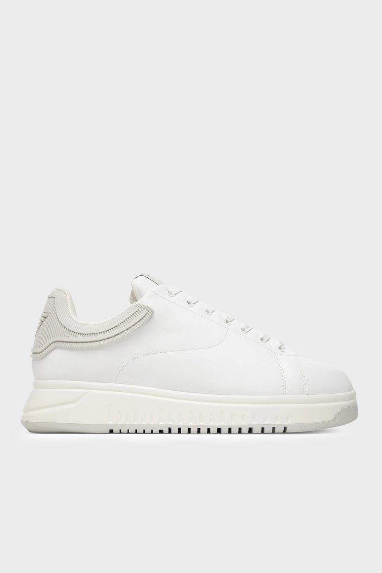 Emporio Armani Deri Logolu Sneaker Erkek Ayakkabı EM003663 AF18212 M0459 Beyaz-buz mavi - Emporio Armani