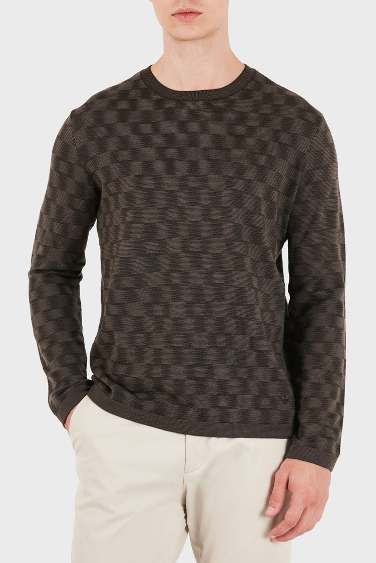 Emporio Armani Desenli % 100 Yün Bisiklet Yaka Erkek Kazak EM006276 AF29848 F6030 Kahve - Emporio Armani