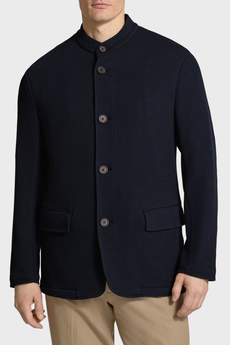 Emporio Armani Dokulu Hakim Yaka Düğmeli Erkek Ceket EM005891 AF23623 UB118 LACİVERT - Emporio Armani